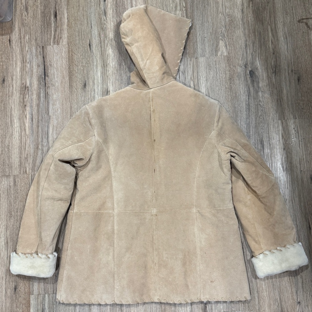 Wilsons Leather Tan Suede Coat Ivory Faux Fur Lined Hooded Jacket Womens 1X - Picture 6 of 15